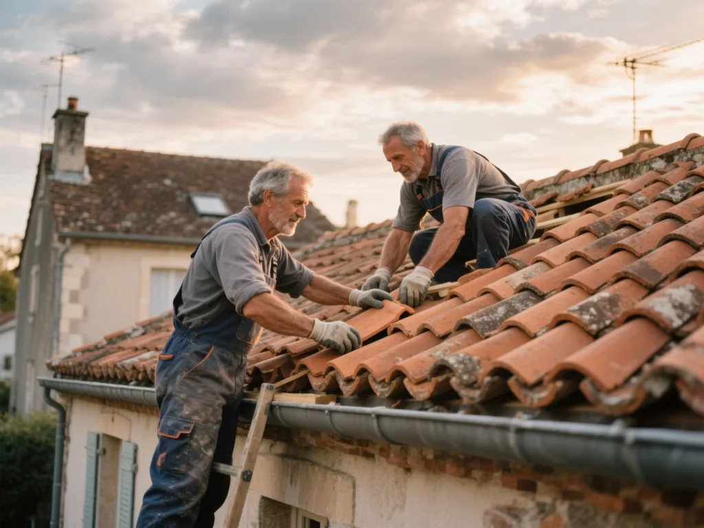 Couvreur professionnel posant des tuiles terre cuite sous une lumière douce de fin de journée