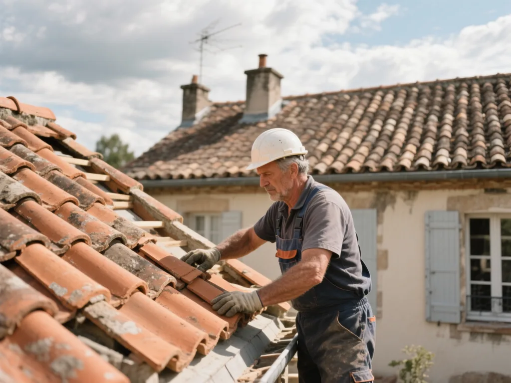 Couvreur professionnel posant des tuiles terre cuite sous une lumière naturelle de midi