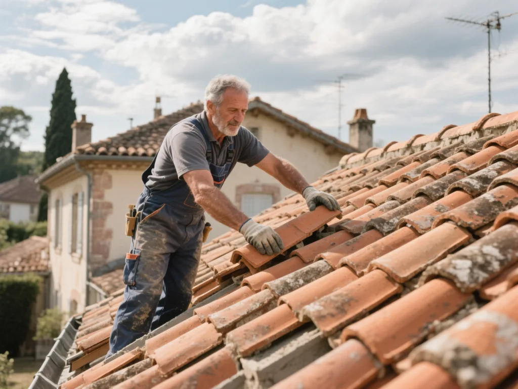 Couvreur professionnel posant des tuiles terre cuite sous une lumière naturelle de midi