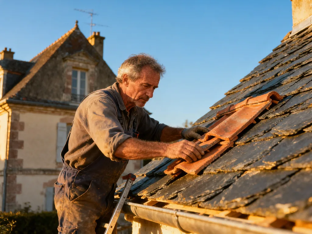 Couvreur professionnel posant des ardoise sous une lumière dorée du matin
