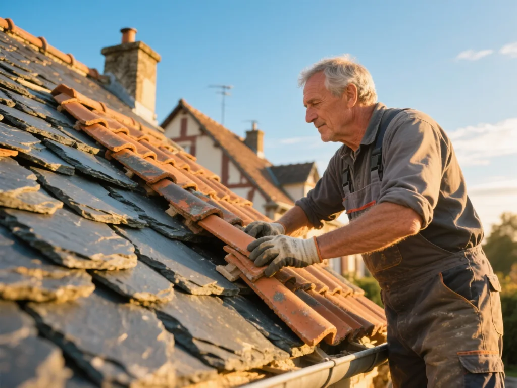 Couvreur professionnel posant des ardoise sous une lumière dorée du matin