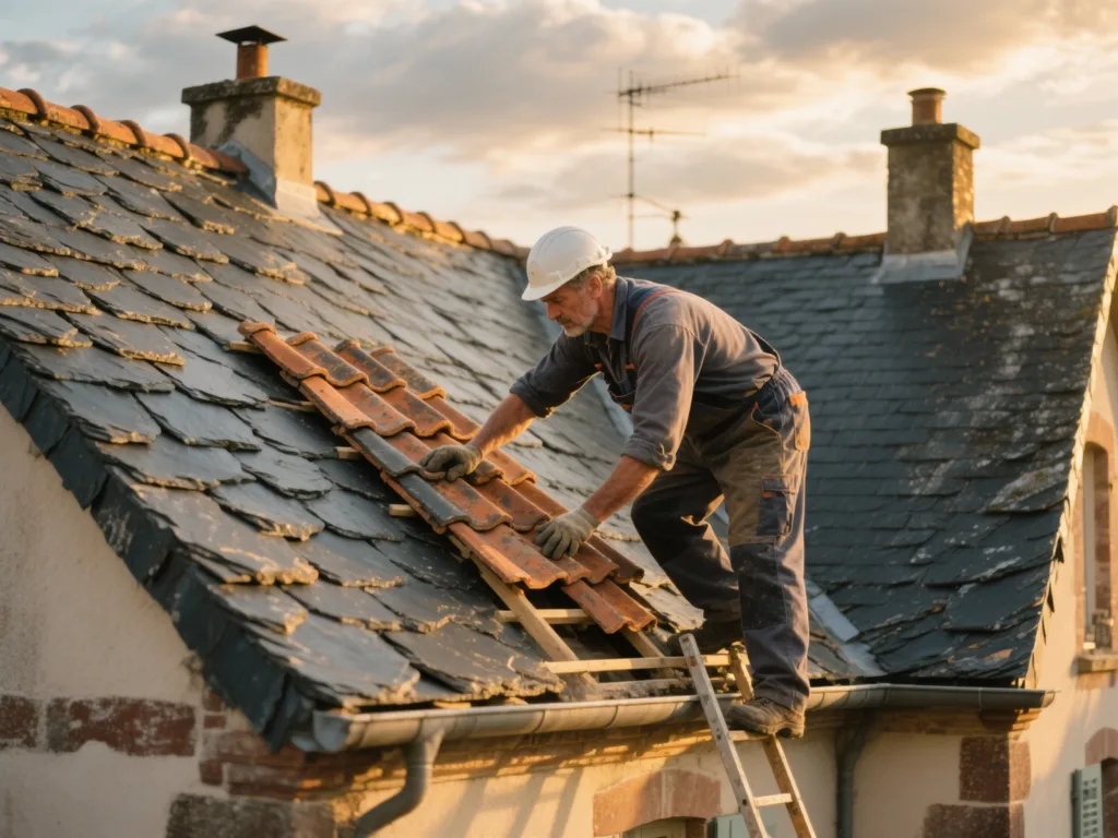Couvreur professionnel posant des ardoise sous une lumière dorée du matin