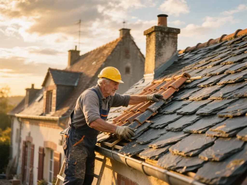 Couvreur professionnel posant des ardoise sous une lumière dorée du matin