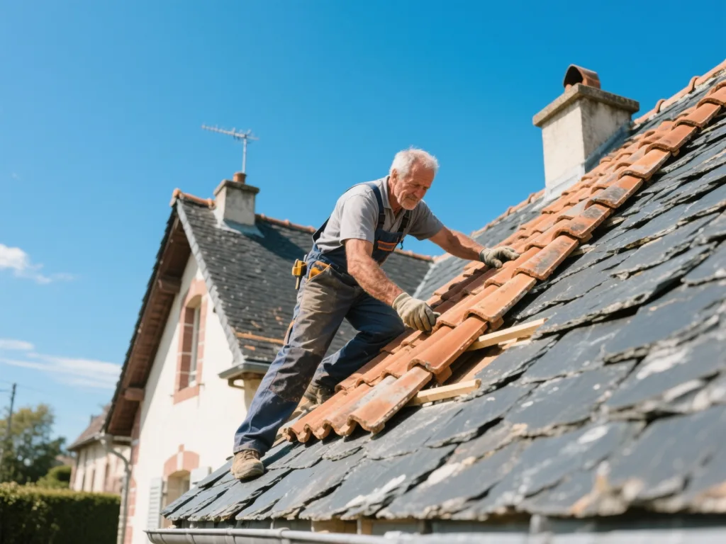Couvreur professionnel posant des ardoise sous une lumière naturelle de midi