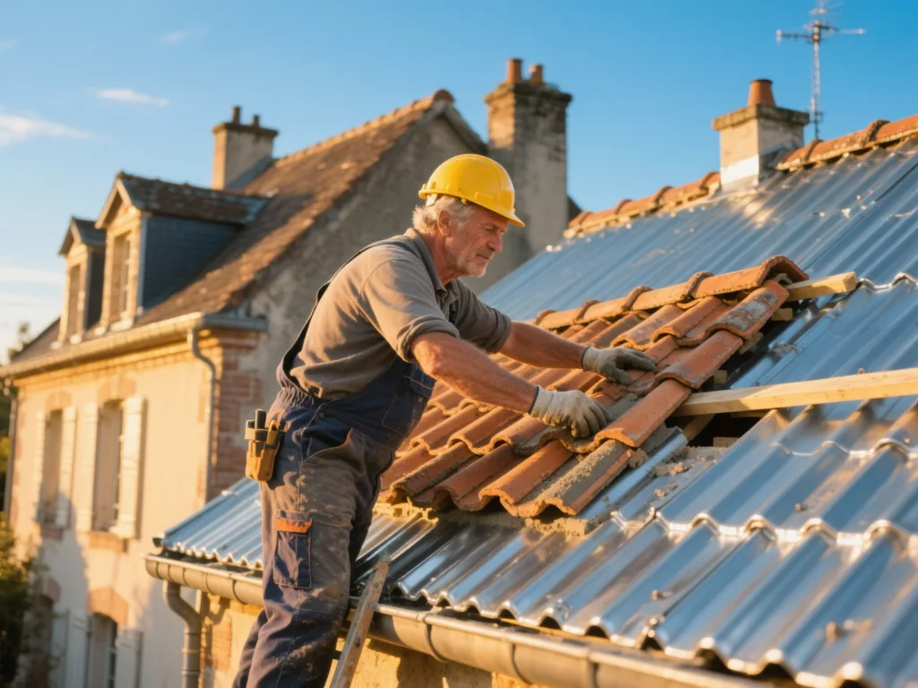 Couvreur professionnel posant des zinc sous une lumière dorée du matin