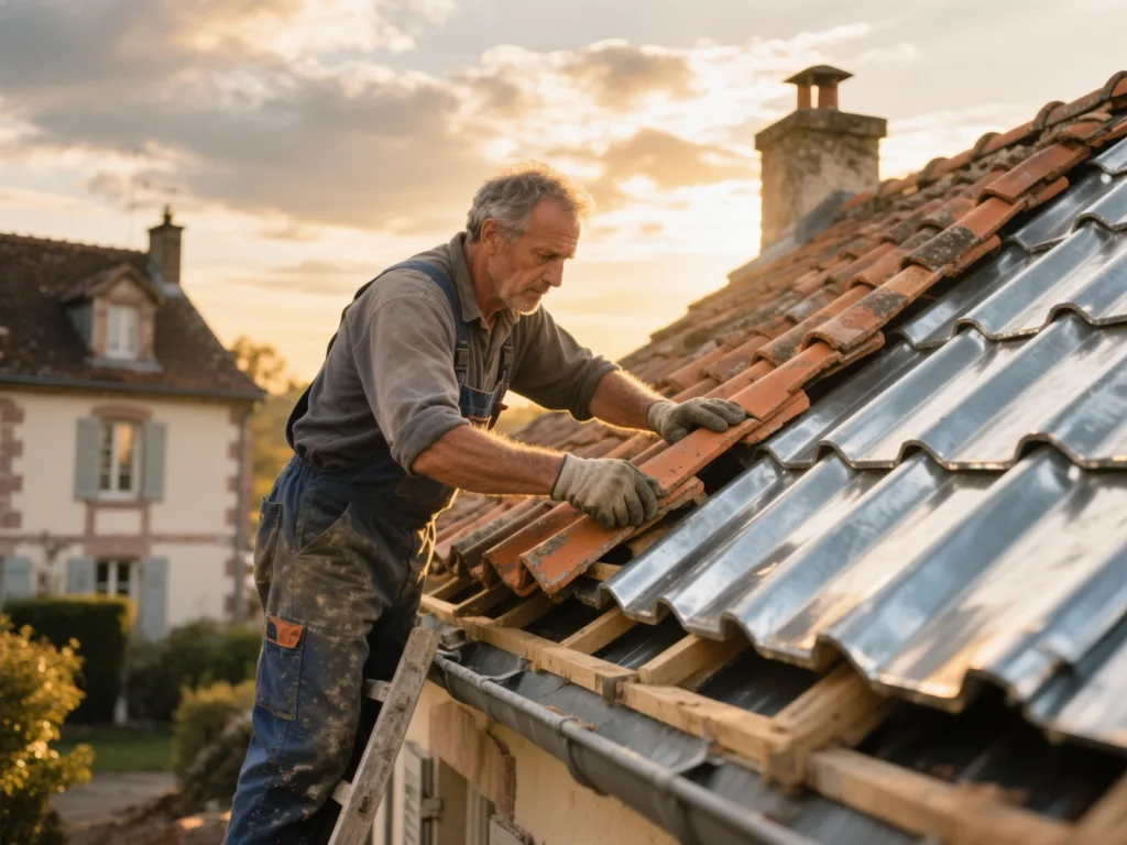 Couvreur professionnel posant des zinc sous une lumière dorée du matin