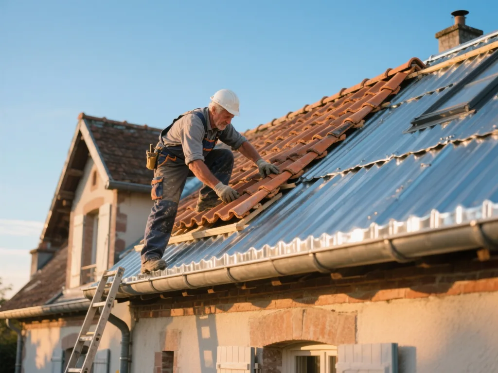 Couvreur professionnel posant des zinc sous une lumière douce de fin de journée