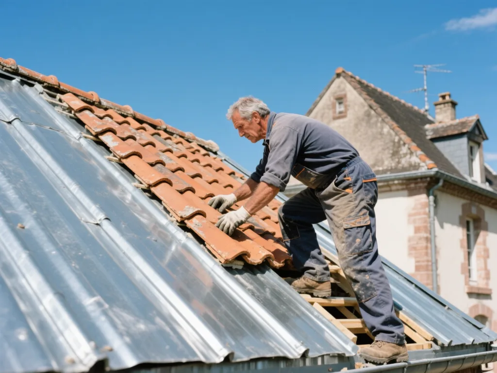 Couvreur professionnel posant des zinc sous une lumière naturelle de midi