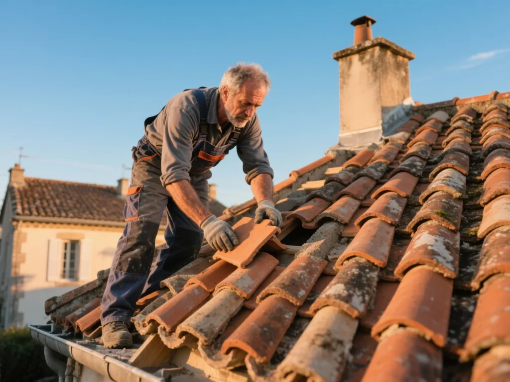 Couvreur professionnel posant des tuiles terre cuite sous une lumière douce de fin de journée