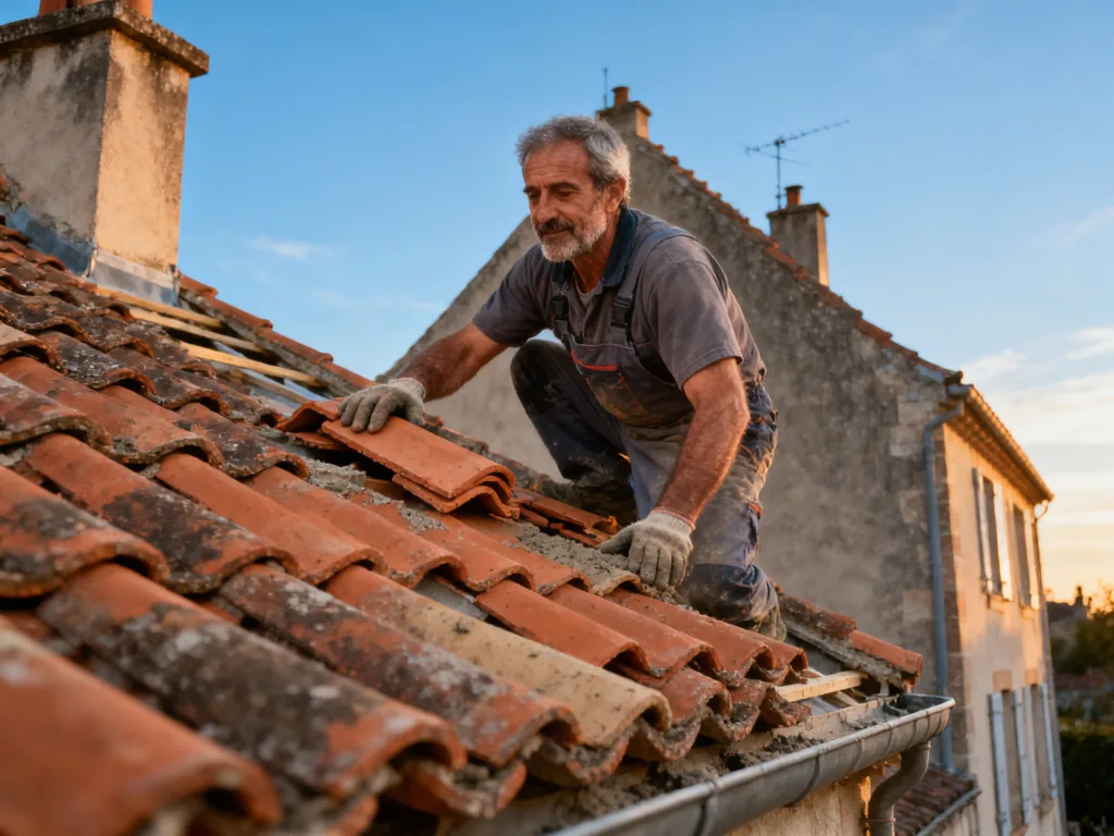 Couvreur professionnel posant des tuiles terre cuite sous une lumière douce de fin de journée