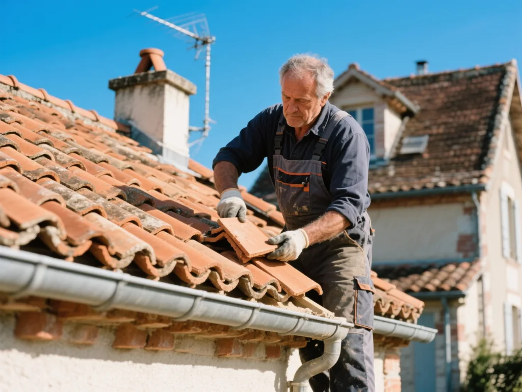 Couvreur professionnel posant des tuiles terre cuite sous une lumière naturelle de midi