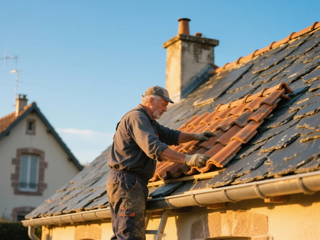 Couvreur professionnel posant des ardoise sous une lumière dorée du matin