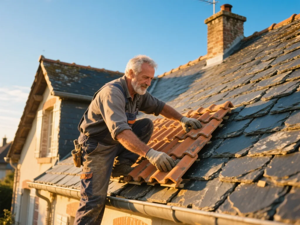 Couvreur professionnel posant des ardoise sous une lumière dorée du matin