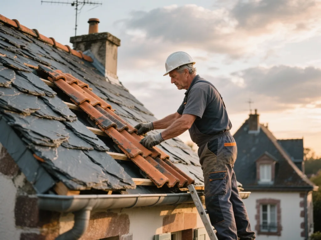 Couvreur professionnel posant des ardoise sous une lumière douce de fin de journée