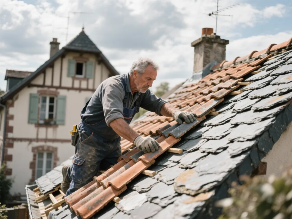 Couvreur professionnel posant des ardoise sous une lumière naturelle de midi